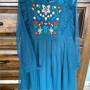 Mini Boden Teal Dress with Floral Embroidery